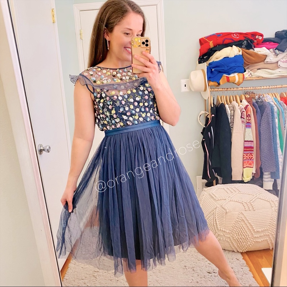 NWT Needle & Thread Blue Multicolored Sequin Floral Mesh Tulle MIDI Dress Formal